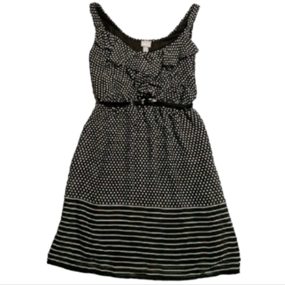 Vanity Womens Small Polka Dot Striped Ruffle Scoop Neck Mini Dress Black White